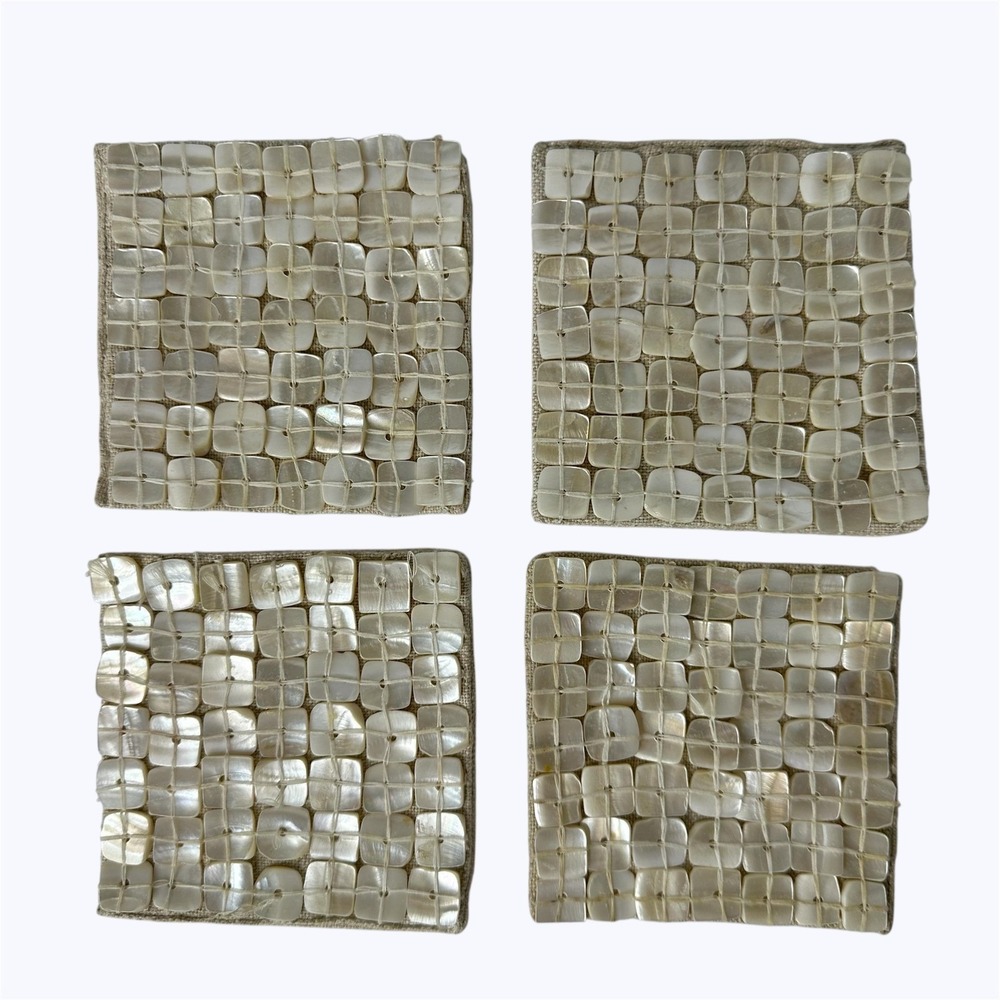 4 Dransfield and Ross Mother of Pearl Shell Tile Coasters Linen Cotton India